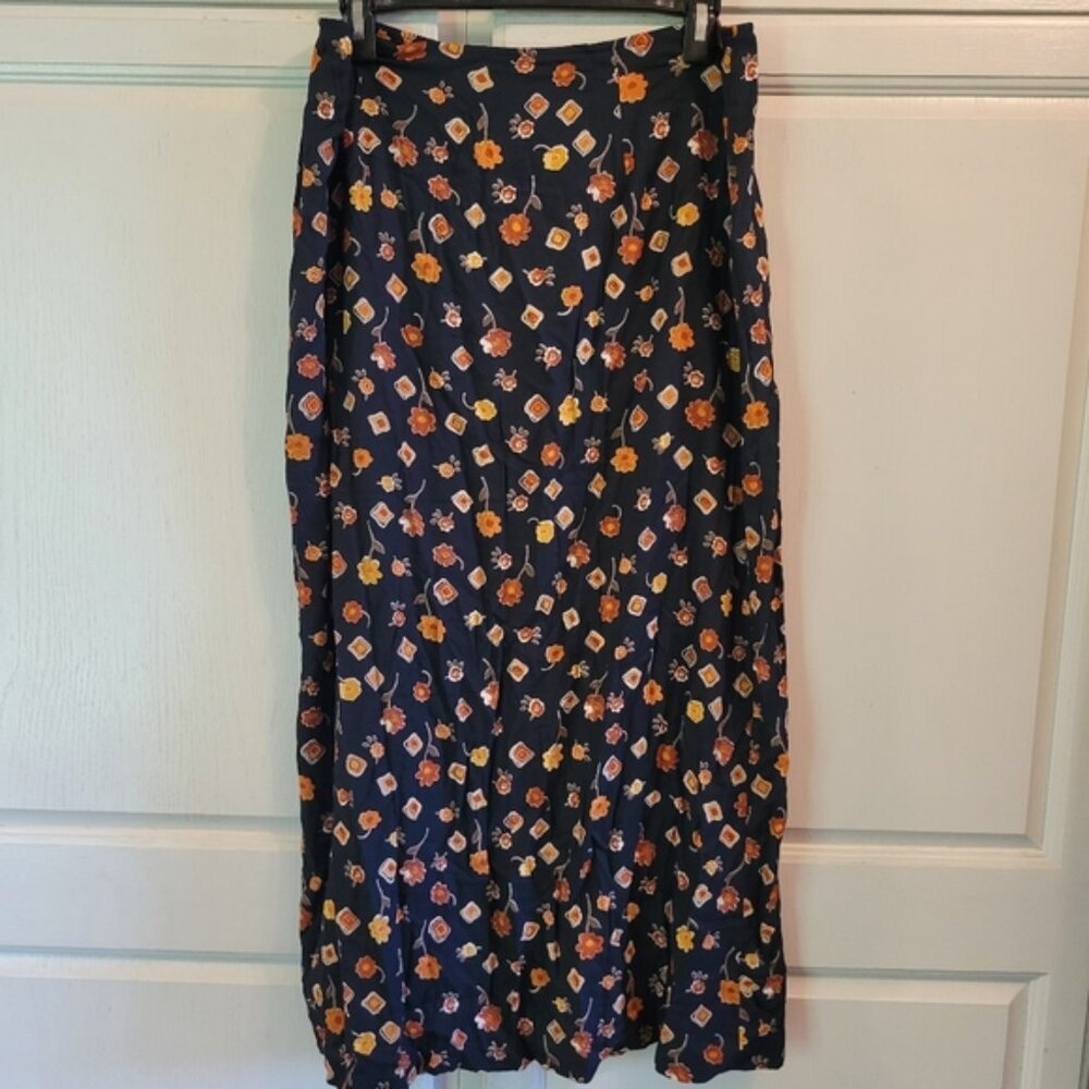 Vintage Regatta Black Orange Floral Midi Maxi Skirt
